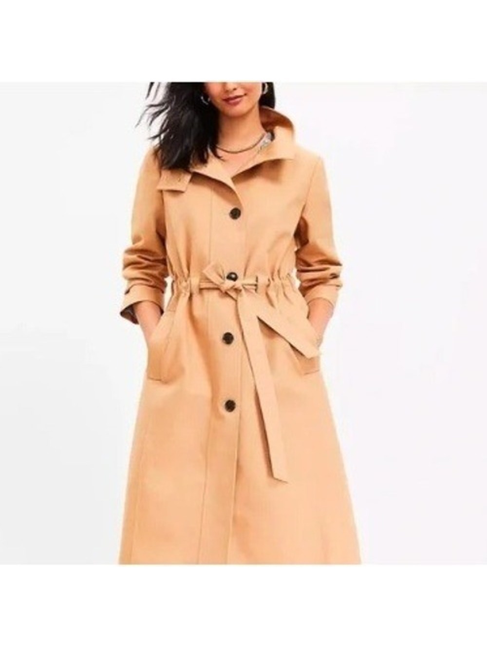 LOFT Women's Camel Tan Cotton Drawstring Waist Trench Coat Petite Size MP - Picture 2 of 9